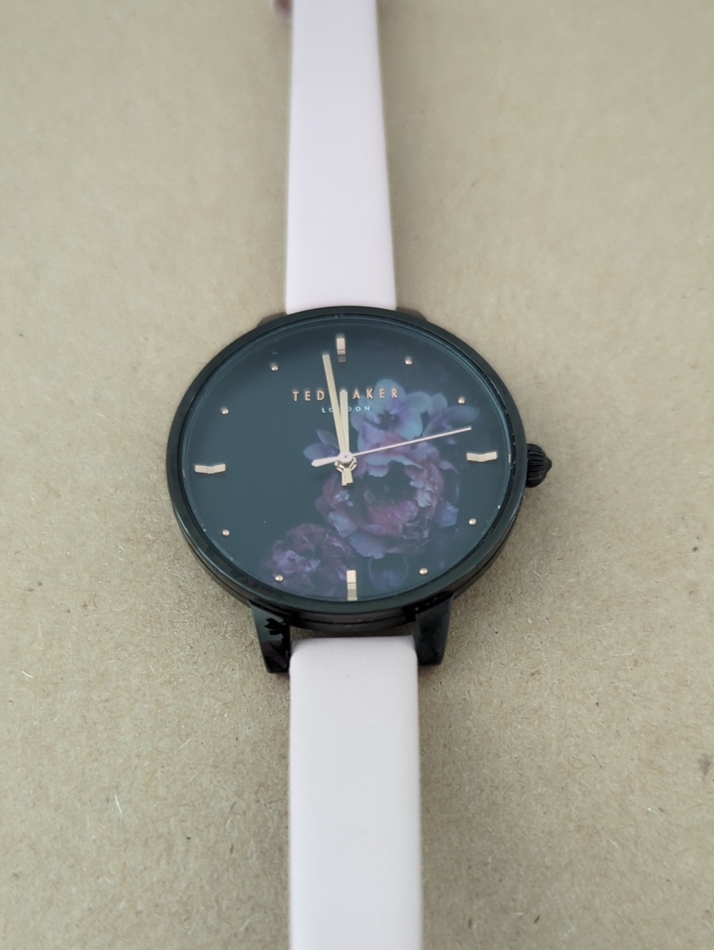 Ted Baker Black Floral Dial Watch with Pale Pink Strap